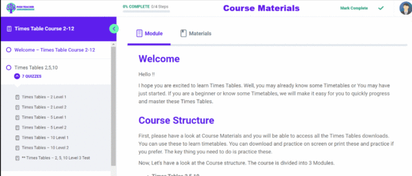 Times Table Couse 2-12 Course Materials